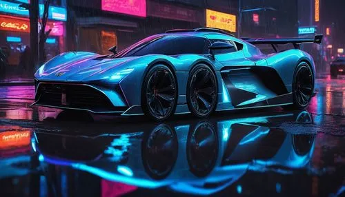 Cyberpunk, futuristic, high-tech, neon-lit cityscape, sleek sports car, metallic silver body, gull-wing doors, razor-sharp lines, LED headlights, glowing blue accents, rain-soaked streets, puddle refl