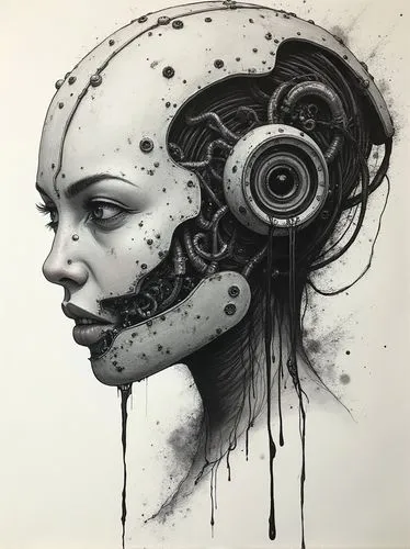 inkjet print, detailed drawing, japanese android woman, facing camera, mechanical jaw, one human one robotic eye, black oil leaking,






,a drawing of a woman with hair in her head,biomechanical,cyb
