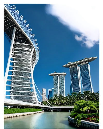 Singapore cityscape, modern skyscrapers, Gardens by the Bay, Marina Bay Sands, Helix Bridge, Merlion statue, sunny day, clear blue sky, cloudless, urban landscape, 3/4 composition, wide-angle shot, vi