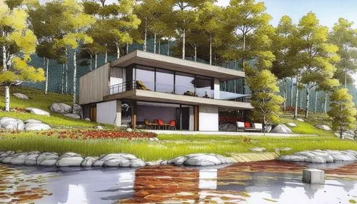 CASA DEL LAGO ,house with lake,house by the water,modern house,3d rendering,sketchup,luxury home,aqua studio,house in the forest,render,cube house,house in mountains,forest house,houseboat,luxury prop