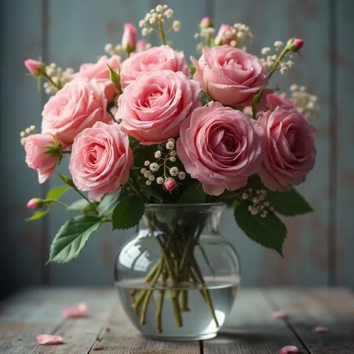 thousands of roses and flowers in the spring; wildcrafted in a crystal vase. Cinematic, realistic HDR photography.biometric shading, synesthesia,fluid lines ,a bunch of roses in a vase on the table,p