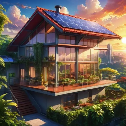 A sleek, futuristic cabin with solar panels on the red-tiled roof, nestled amidst lush, vertical gardens, bathed in the warm, golden light of the rising sun.,a large house with windows and lots of sun