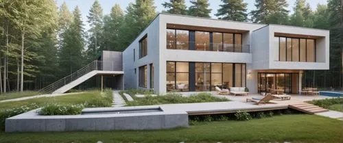 this is a very unusual home with large windows,modern house,house in the forest,forest house,prefab,modern architecture,cubic house,dunes house,frame house,render,inverted cottage,chalet,luxury proper
