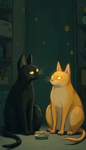 2 толстых, вальяжных кота Черный и рыжий кот сидят на кухне и едят из мисок. Темная ночь, глаза котов чуть святятся, у одного они янтарно желтые у другого зеленоватые. Изумруд лимон антрацит графит мо
