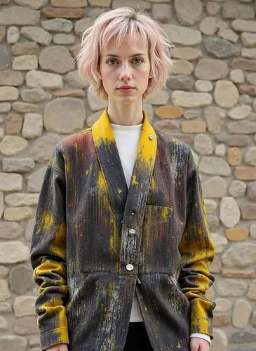 a woman wearing a blazer stands in front of a stone wall,gold-pink earthy colors,clover jackets,outer,jacket,aurora yellow,eglantine,woman in menswear,menswear for women,denim fabric,lapels,jean jacke