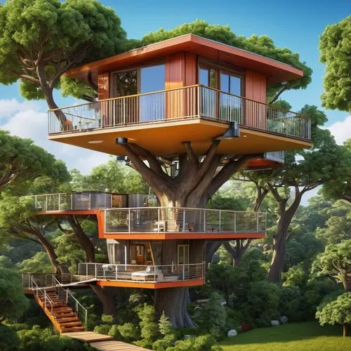 tree house design, House on the Tree, A modern house suspended between big trees, with direct elevators and french window

,tree house hotel,tree house,treehouse,sky apartment,tree top,house in the fo