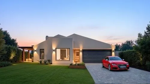 red audi s7 ,a red car sits outside a home on the lawn,modern house,driveways,folding roof,driveway,beautiful home,bungalow,smart house,residential house,house shape,smart home,luxury home,landscaped,