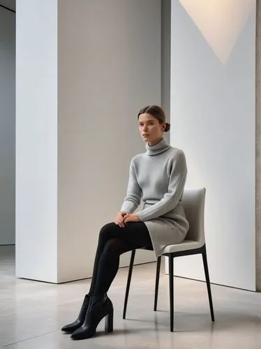 Photorealistic contemporary art gallery scene with a minimalist performance-art atmosphere.
A stylish young woman with a calm, confident presence sits elegantly on a modern lightweight metal chair pla