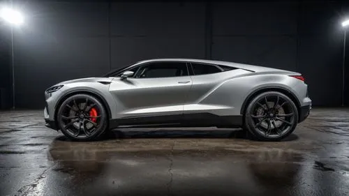 a silver and red sports car is in a dark garage,raptor,electric sports car,vanquish,corvette,whitewall tires,design of the rims,tires and wheels,sport car,luxury sports car,gt,ford cologne,stinger,con