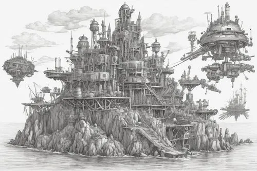  Game Scene, Wild angle view,floating islands,mushroom island,sea fantasy,floating island,planescape,airships,imperial shores,artificial islands,spelljammer,primordia,ancient city,floating huts,skyshi