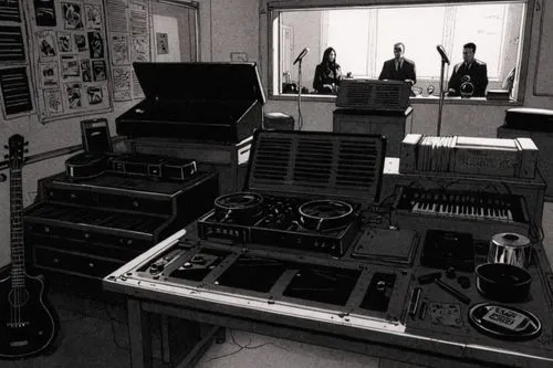COMIC STYLE, COMIC ART, 

Tuschelinien, Schatten, dynamische Linienführung, 2000's Comic‑Look, slim black ink outline,a table filled with lots of musical equipment,laboratory,computer room,control des