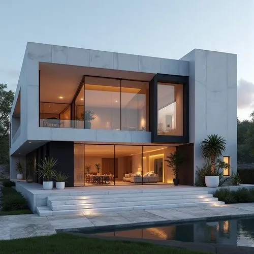 A hyper-realistic, high-resolution architectural photograph capturing a grand, ultra-modern luxury mansion at twilight. The building’s façade is composed of smooth white stone panels contrasted with s