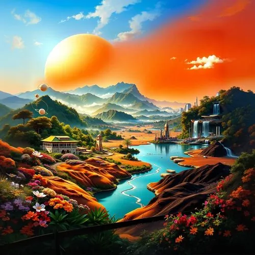 there is a painting of a beautiful landscape,fantasy landscape,landscape background,futuristic landscape,mountain landscape,mountainous landscape,fantasy picture,nature landscape,mountain scene,high l