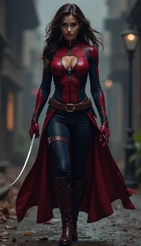 Super realistic high definition female version of the Marvel character Nightcrawler,a woman wearing a costume is walking down a street,scarlet witch,super heroine,elektra,superheroine,red super hero,m