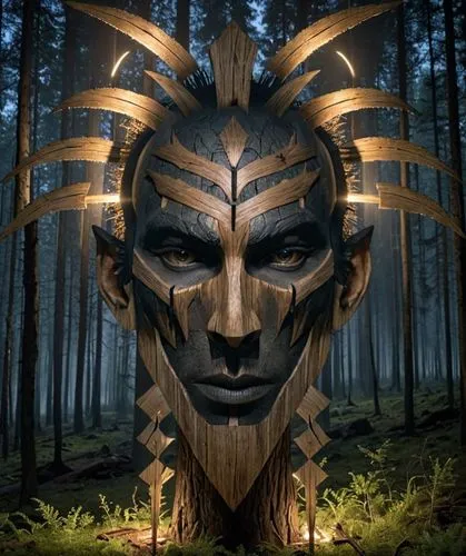 an image of a man that is in the woods,wooden mask,wood elf,forest man,totem,wood art,forest king lion,wood carving,shaman,tribal masks,tree crown,tribal,chieftain,made of wood,carved wood,shamanic,wo