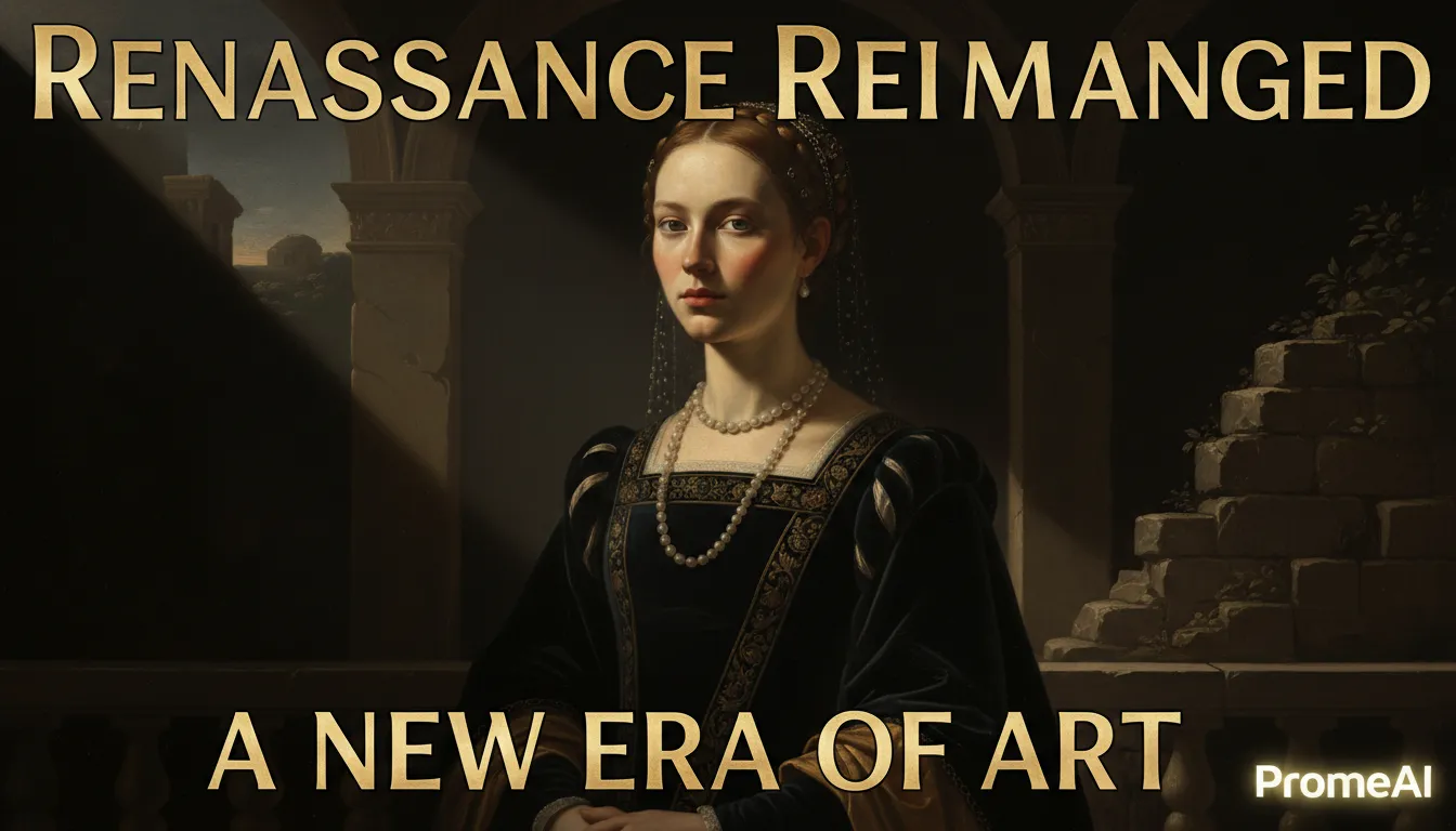 Un poster di forte impatto visivo generato da PromeAI, con un ritratto in stile rinascimentale, tipografia moderna e una drammatica illuminazione a chiaroscuro.