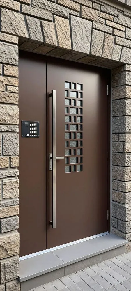 a modern wooden door with metal bars is shown