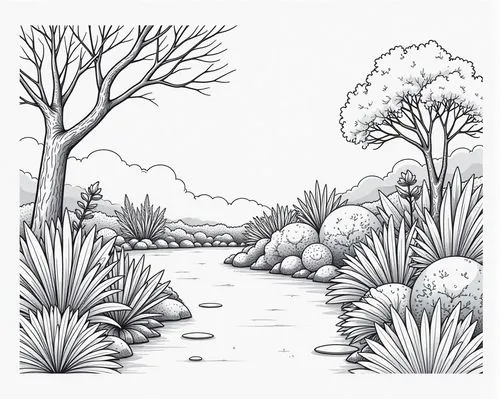 garden,the water way with lots of trees and bushes,brook landscape,streambeds,swampy landscape,waterhole,waterholes,riparian,Illustration,Black and White,Black and White 01