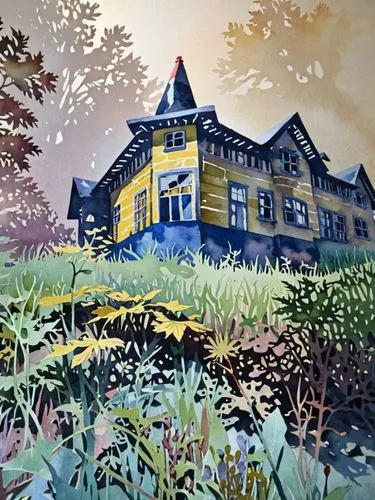 Дом на холме, акварель,a house with some trees around it on a hill,house painting,villa,country hotel,house with lake,fisherman's house,watercolor cafe