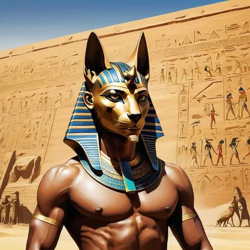 Anubis, represented by the head of a jackal, takes on a muscular male human body and looks at the mask of Tutankhamun, in the background a large wall adorned with brightly colored Egyptian hieroglyphi