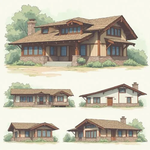 An architectural sheet showing different perspectives of a two-level cabin, the architecture of this house will be country-style, the materials for its walls and structure will be wood and its roofs w