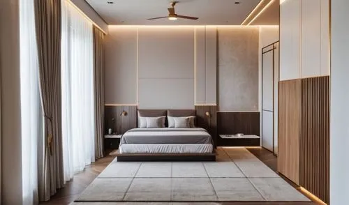 interior room render, tv unit and dresser  is in louvers, use light colors, add realistic  materials according to the reference, add lighting
,a large bedroom with beige, grey and white decor,hallway 