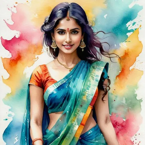 A beautiful 26 year old woman in a flowing, colorful sari. Low cut. Flirty.
,beautiful woman wearing an elegant blue sari on colorful watercolor painting,vaani,sari,parvathy,sarayu,shruthi,vidya,thama
