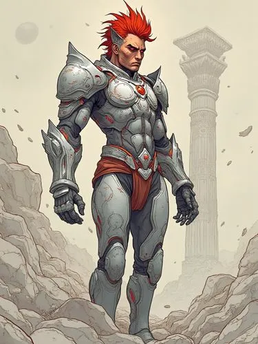 "Visualize the epic moment when a fearsome warrior, standing tall before a shattered pillar, exudes a divine presence in a world that echoes ancient grandeur. The scene unfolds in a land of monumental