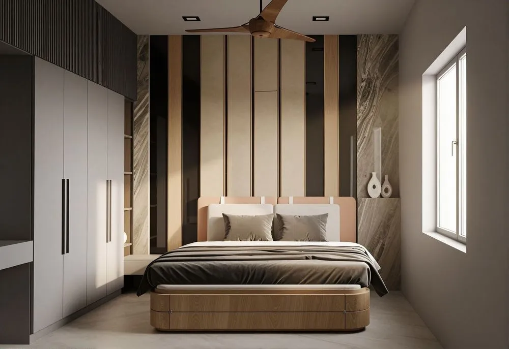 an elegant modern bedroom featuring large bed, high - end cabinetry and striped wallpaper