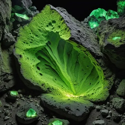 roccia  spaccata nera con all'interno minerali verde fluorescente,a very big leaf that is lit up in the night,florescent,olivine,photosynthetic,chlorophyll,tektite,fluorescence,fluoresces,jadeite,patr