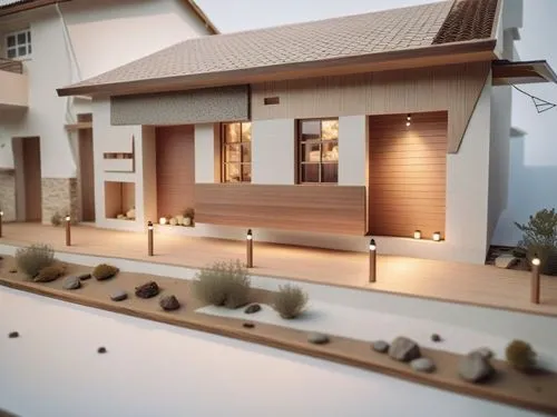a model house sits on a wooden platform with a few light,miniature house,model house,wooden house,smart house,modern house,dunes house,mid century house,smart home,small house,residential house,cubic 