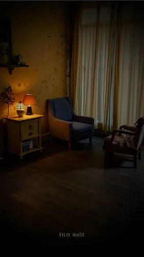 A photo-realistic shoot from the side about a dimly lit room with peeling walls and a wooden floor, featuring a table with a lamp on the left side and a chair on the right side. the room has a rustic,