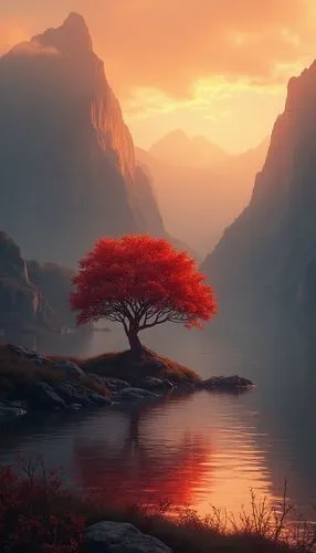 Autumn, red tree placed on a small hill in the middle of a lake is silhouetted against the background of wild mountains and cliff. The sky is red and gold colored.,a lone tree is on the edge of a rive
