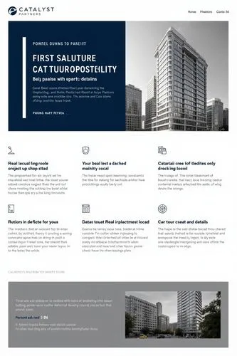 High end layout of an investment presentation from a real estate privare equity company called Catalyst Partners with monochrome colour scheme with only ony dark blue colour in addition. It is a sampl