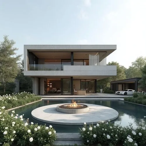 Ultra-realistic architectural rendering of a three-story modern minimalist luxury villa with clean horizontal geometry, dramatic cantilevered volumes, generous floor-to-ceiling glazing, deep roof over