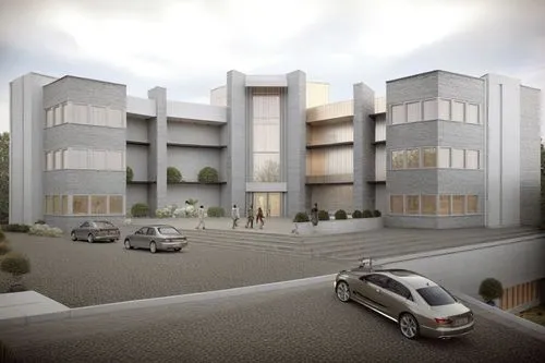 two cars are parked in front of a building with windows,residencial,3d rendering,multi storey car park,fpcci,revit,interhostel,appartment building,khouribga,newbuilding,multistoreyed,biotechnology res