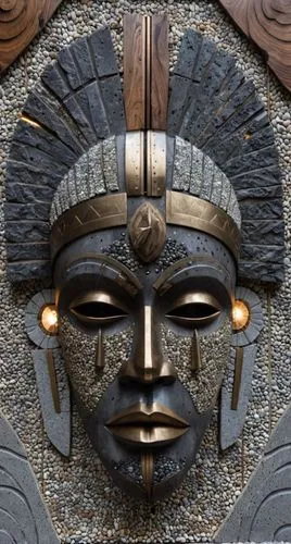 the image shows a decorative african mask with gold eyes,head plate,wood carving,carvings,carved wood,head ornament,bronze sculpture,bonnet ornament,reliefs,warbonnet,helmet plate,ornamentation,wooden