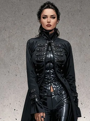 COMIC STYLE, COMIC ART, Tuschelinien, Schatten, dynamische Linienführung, 2000's Comic‑Look, slim black ink outline,a painting of a woman dressed in black,domino,leather texture,goth woman,fashion vec