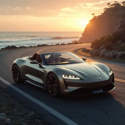 A luxury convertible driving along a coastal road at dawn, its sleek silhouette glowing under the rising sun. The car features a brushed aluminum body with golden accents and a retractable roof made o