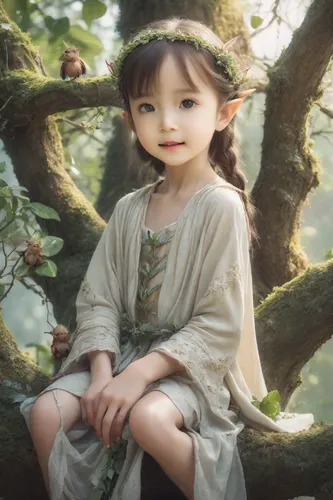 Girl elf sitting in top of tree branch, surrounded by little faeries,child fairy,little girl fairy,child portrait,the little girl,mystical portrait of a girl,little girl in wind,child girl,children's 