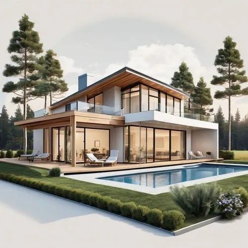 A digital architectural rendering showcasing a modern, single-story house with a pitched roof completely covered in solar panels. The house features large, sliding glass doors opening onto a patio or 