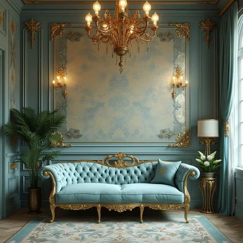 Powder blue accent wall, ornate Art Nouveau patterns, gold leaf details, luxurious velvet sofa, curved lines, organic shapes, grand chandelier, soft warm lighting, 3/4 composition, intimate atmosphere