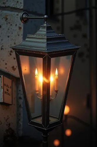 19th century metal street lamp with candles hanging on the wall,the lit street light is glowing bright yellow,vintage lantern,illuminated lantern,street lantern,lamplight,retro kerosene lamp,facade la