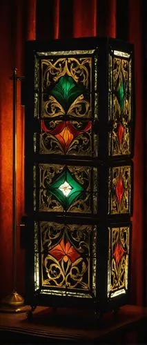 velvet, wood, metal, glass, softbox lighting, cinematic mood.,a stained glass window with the light on,illuminated lantern,oriental lantern,vintage lantern,lantern,retro kerosene lamp,mosaic tea light