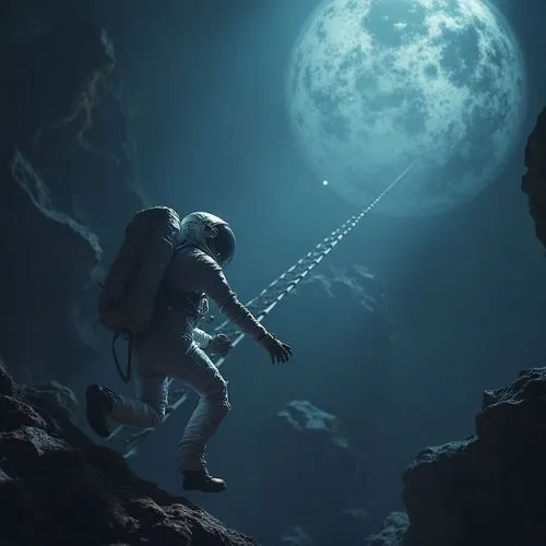 An astronaut put on a suit and climbs up a long ladder hanging from a planet ,a painting with an astronaut walking across a mountain,moon walk,space walk,sci fiction illustration,aquanaut,spacewalk,as