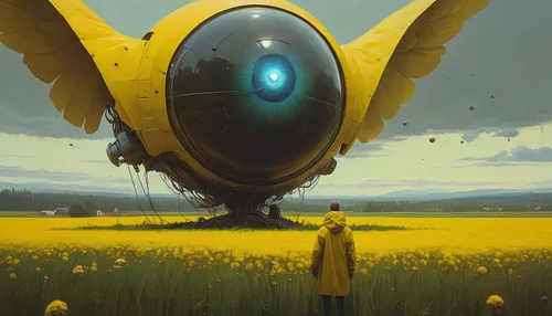 gigantic biblically accurate eyeball angel hovering over a sprawling field, a small figure wearing yellow raincoat looking up to it, beautiful, simon stalenhag,drone bee,navi,transistor,pollinate,yell