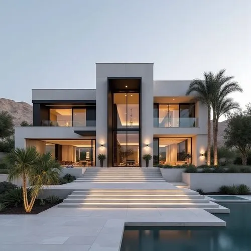 A hyper-realistic, high-resolution architectural photograph capturing a grand, ultra-modern luxury mansion at twilight. The building’s façade is composed of smooth white stone panels contrasted with s