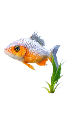 Freshwater fish, orange and white scales, shiny fins, vibrant eyes, swimming pose, water droplets on body, aquatic plants in background, soft focus, warm lighting, shallow depth of field, 1/2 composit