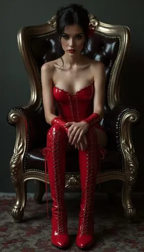 A realistic photo of a fetish domina Dita von Teese, her silhouette and elegant figure shrouded in shadow. The red high-gloss long laced boots high heel are adorned with silver fasteners, sitting on a