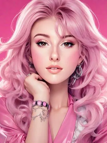 beautiful lady who looks like Jem, lookalike, cartoon, pink hair, pink vinyl dress, pop star, 1980s,a pink doll with long, wavy pink hair and jewelry,pink beauty,barbie,pink background,doll's facial f